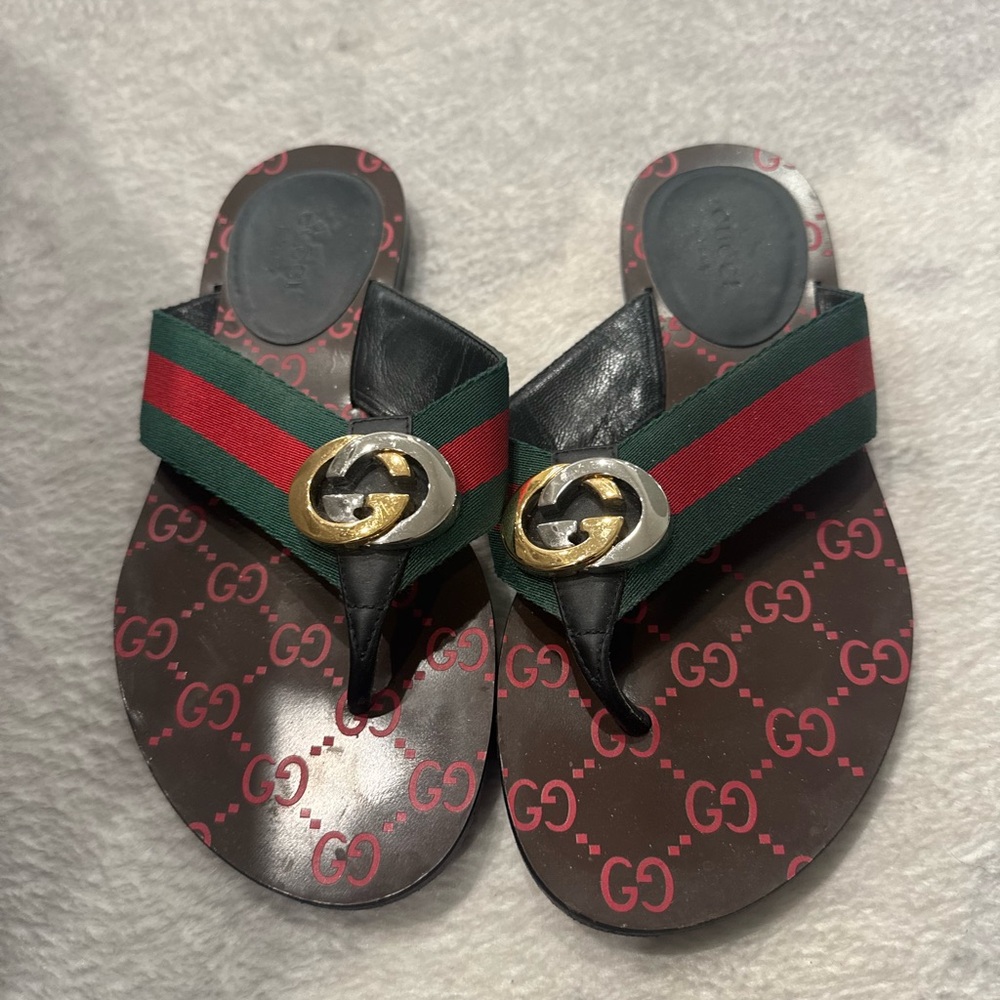 Gucci Black and Red Logo Flip Flops